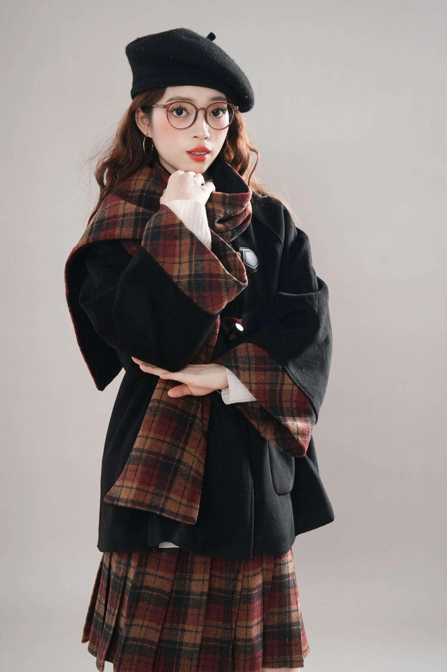 Bookshop Plaid Toggle Jacket & Skirt Set (Black)