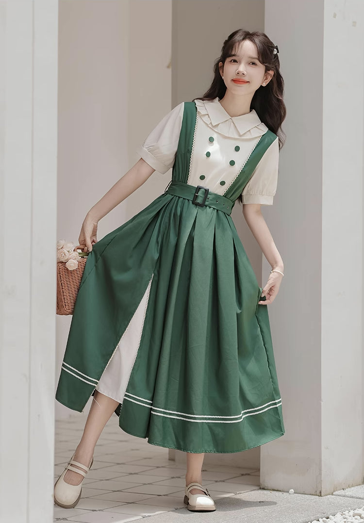 Lolita Short Sleeve Faux Layered Midi Dress (Green)