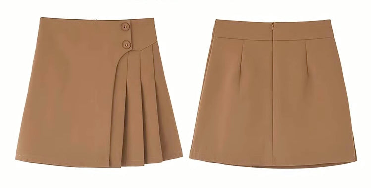 Half Pleated Mini Skirt (Brown)