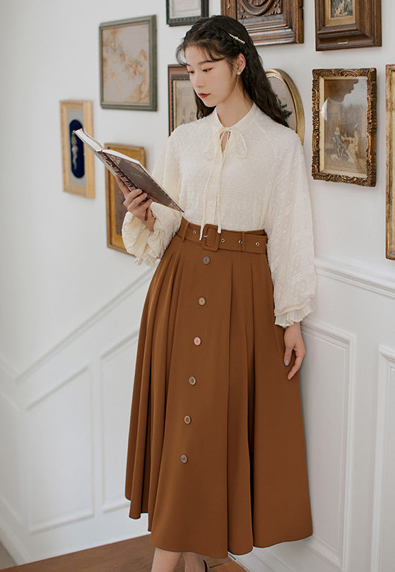 Classic Belted Button Midi Skirt (Brown)