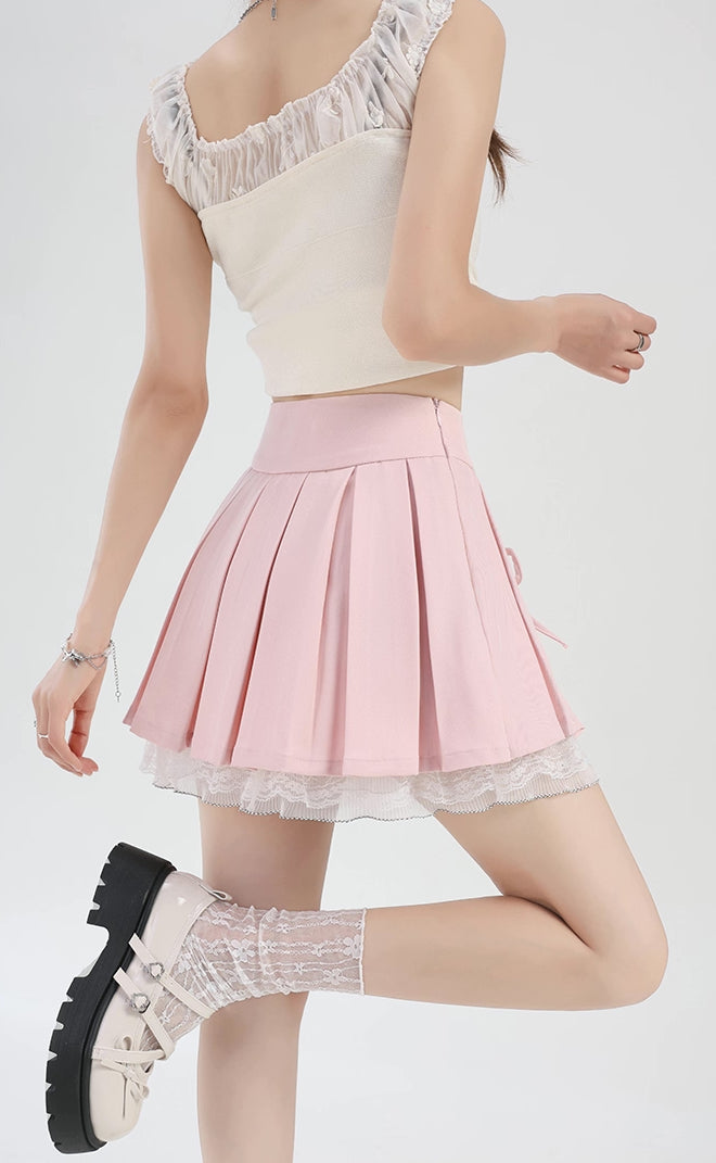 Bow Lace Pleated Mini Skirt (7 Colors)