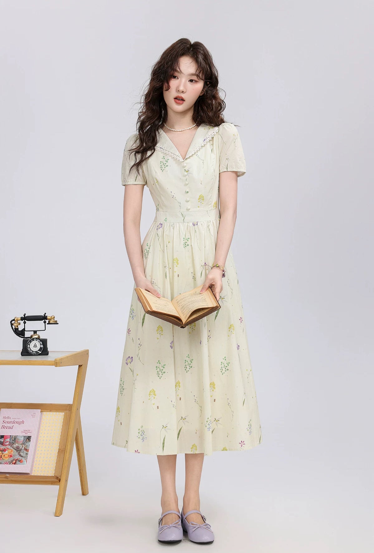 Dried Flowers Midi Shirt Dress (Cream)