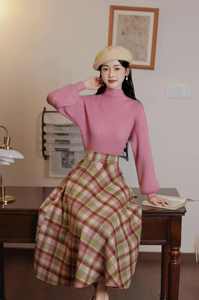 Strawberry Matcha Sweater & Midi Skirt Set (Pink/Green)