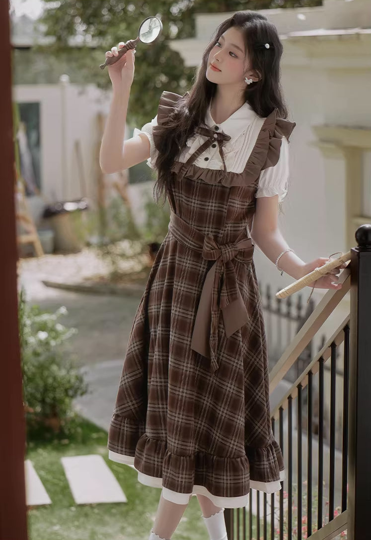 Hazel Plaid Flutter Twofer Midi Dress (Brown)