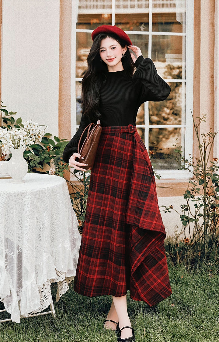 Lingonberry Plaid Asymmetrical Midi Skirt (Red/Black)