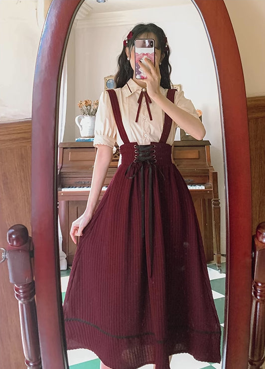 Short Sleeve Crepe Suspender Skirt Set (Maroon)