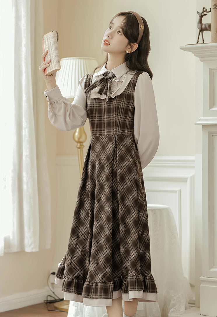 Hazel Plaid Twofer Midi Dress (Brown)