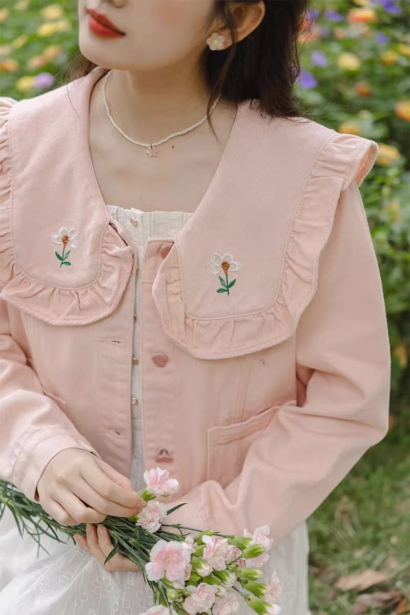 Sweet Heart Flower Embroidered Jacket (Pink)