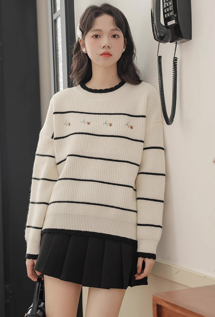 Emily Floral Stripe Sweater (White/Black)