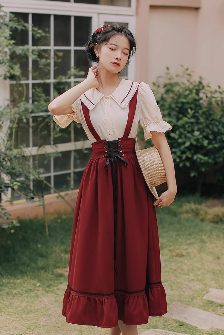 Short Sleeve Lace Up Suspender Skirt Set (3 Colors)