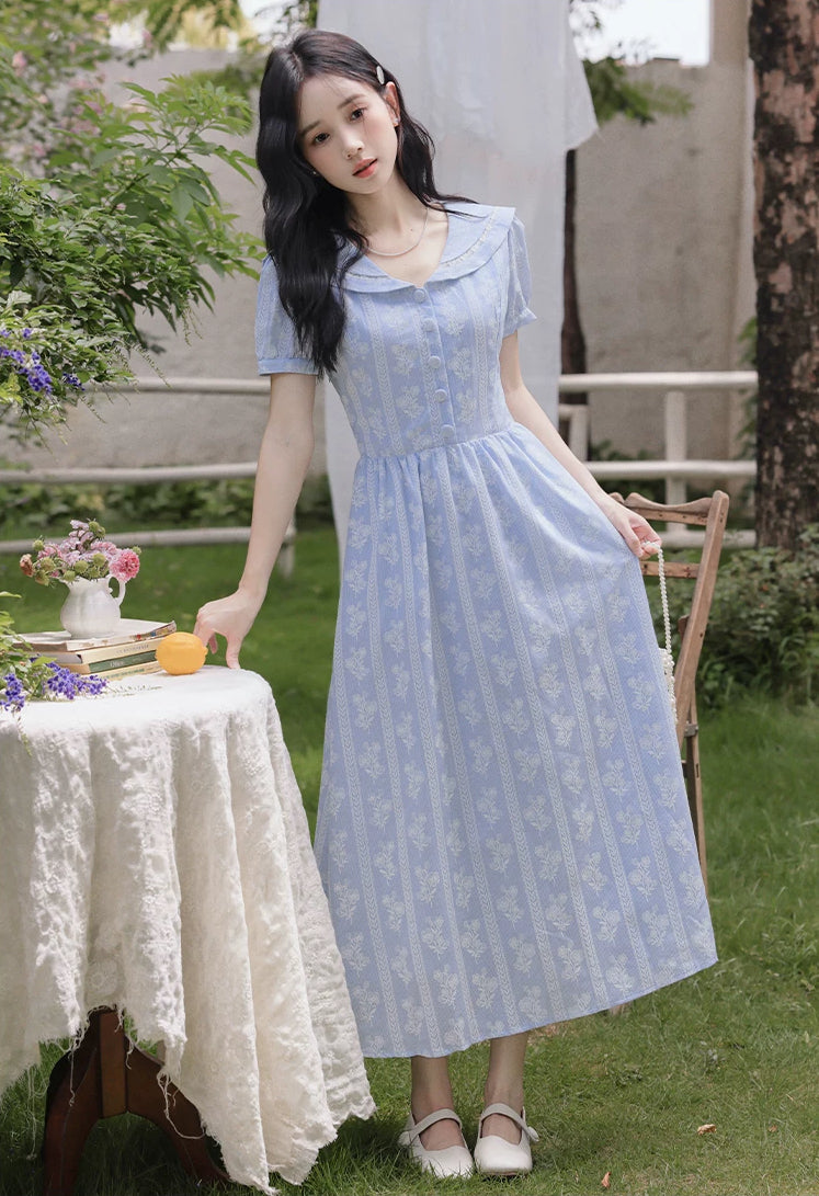 Floral Stripe Midi Dress (Blue)