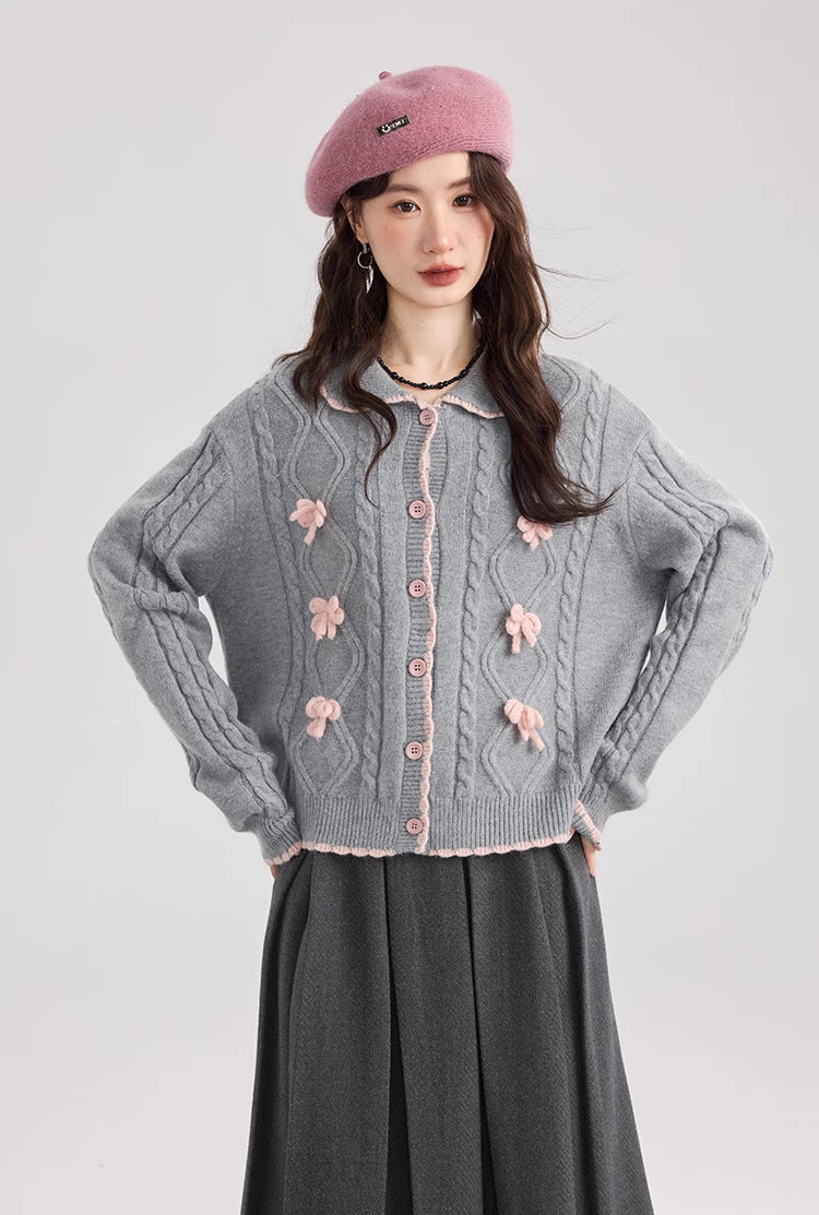 Braided Knit Bows Cardigan (Gray)