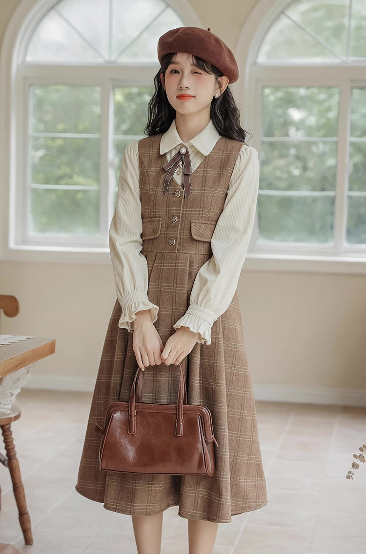 Acorn Plaid Tweed Midi Pinafore Dress (Brown)