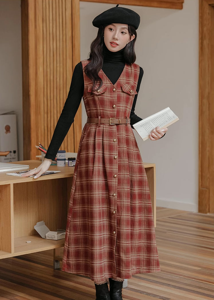 Ginger Plaid Pinafore Midi Dress (2 Colors)