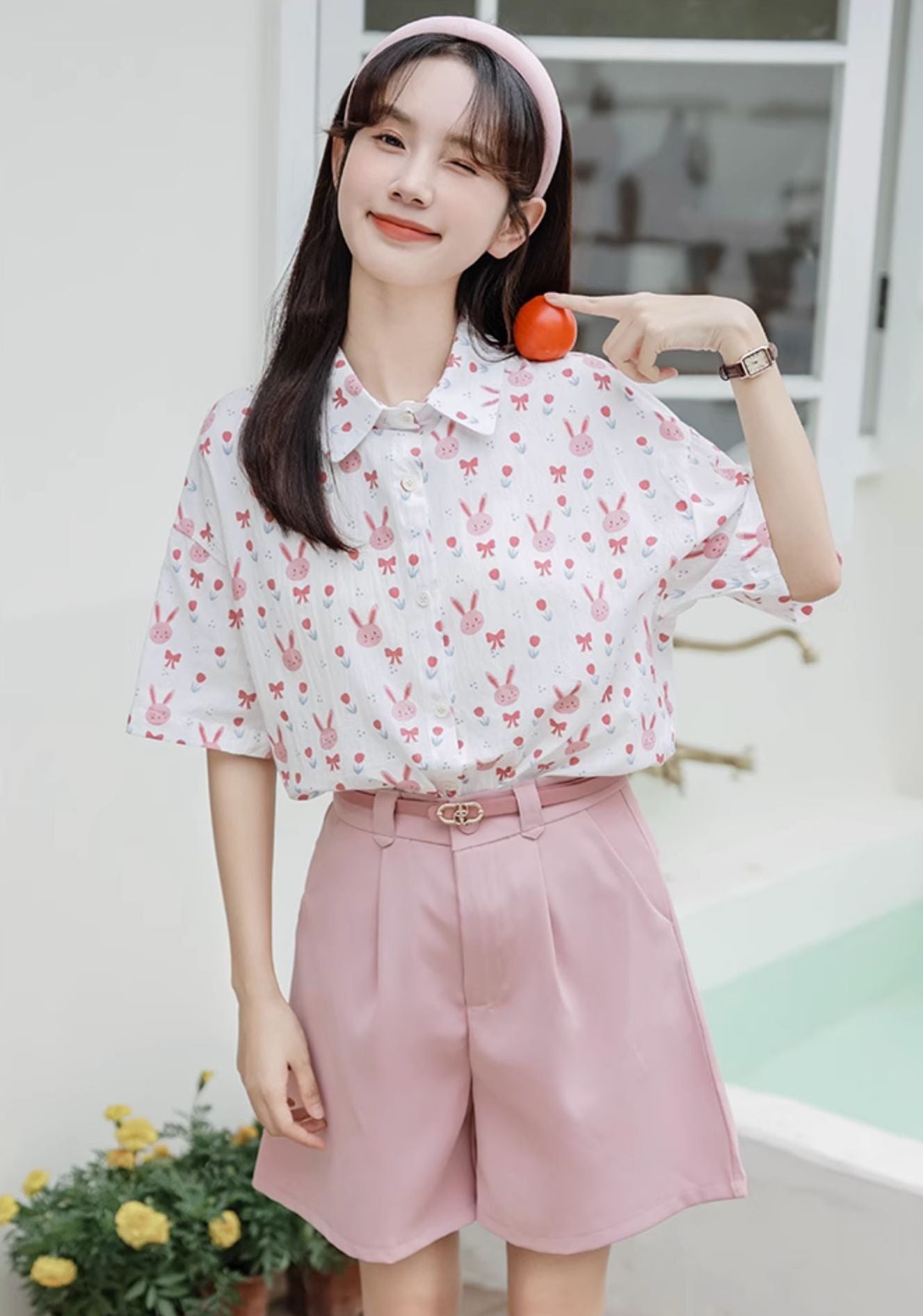 Pink Bunny Button Up Shirt (White)