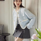 Gingham Lace Trim Tweed Jacket (Blue)