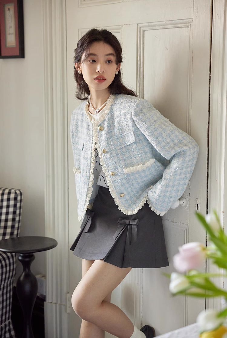 Gingham Lace Trim Tweed Jacket (Blue)