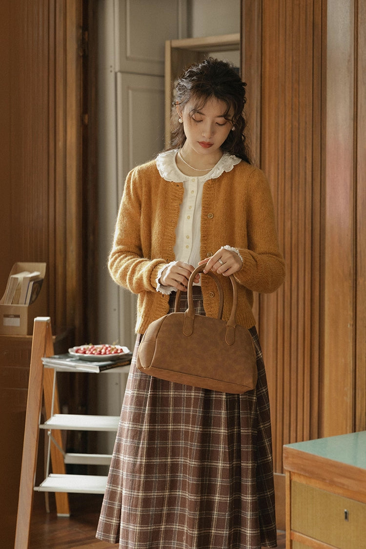 Round Neck Knitted Cardigan (Pumpkin Mustard)