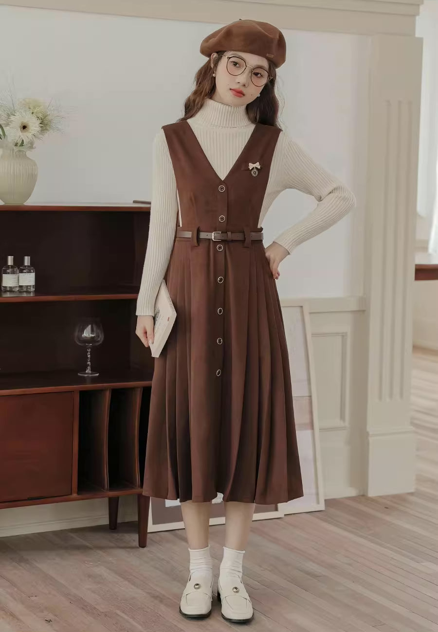 Corduroy Button Pleated Midi Pinafore (2 Colors)