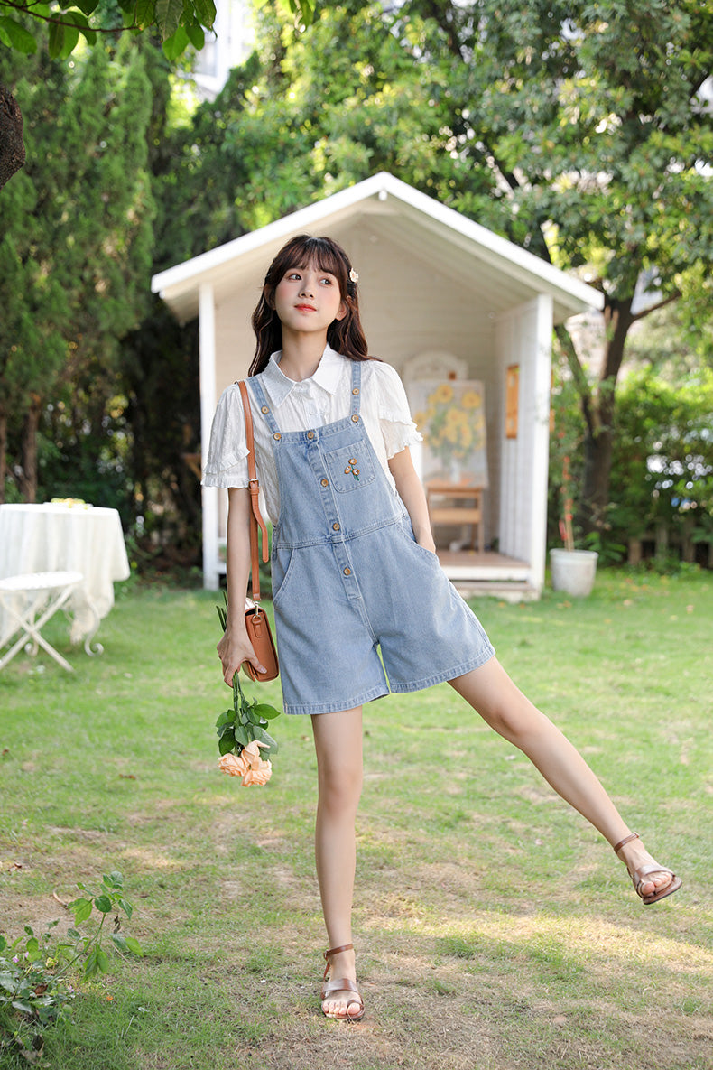 Button Up Poppy Short Overalls (Light Denim)