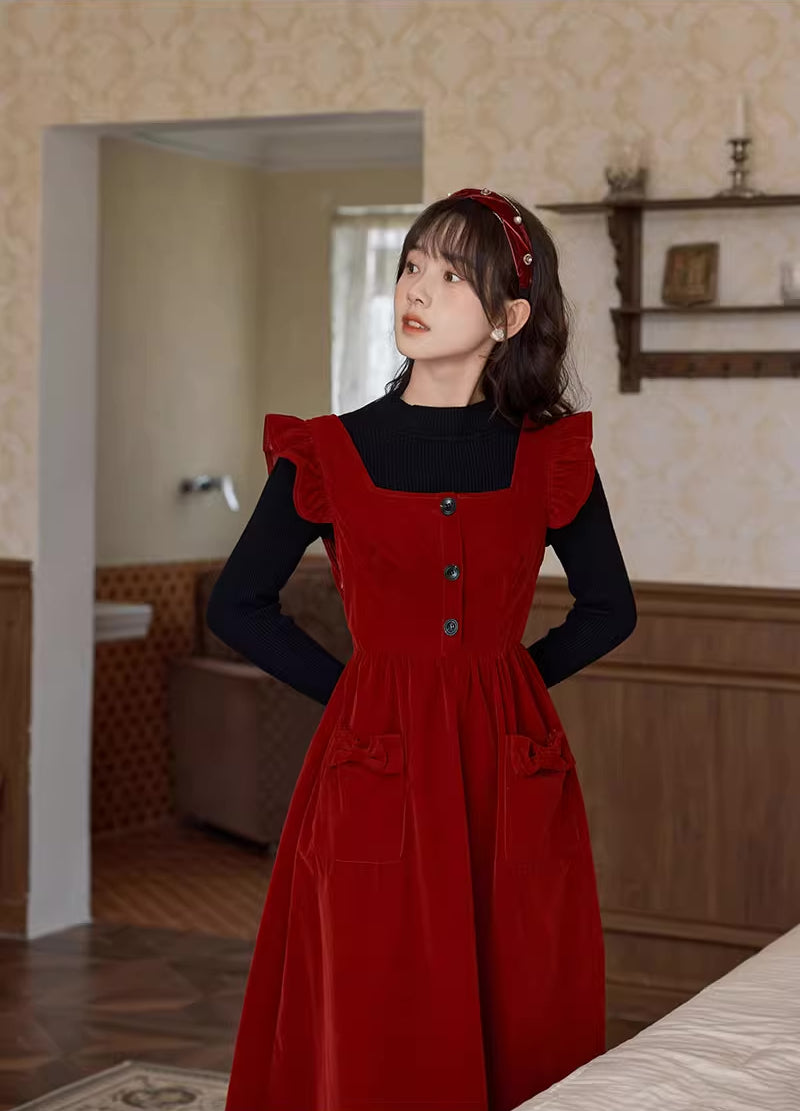 Velvet Frilly Bow Pinafore Dress (Red)