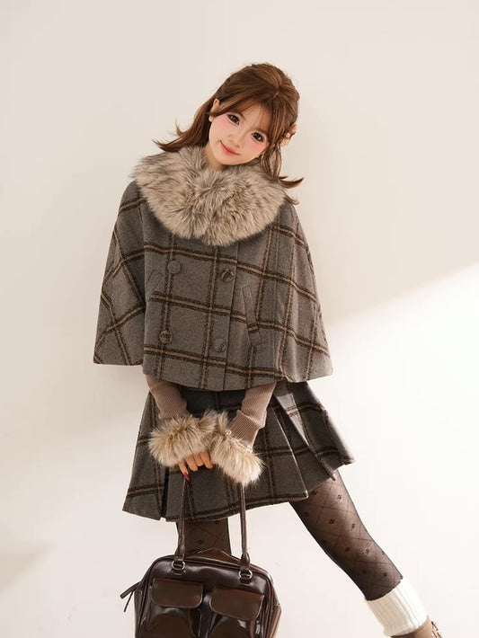Library Plaid Capelet & Mini Skirt Set (Grey)