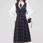 Oxford Plaid Midi Pinafore & Blouse Set (Navy)