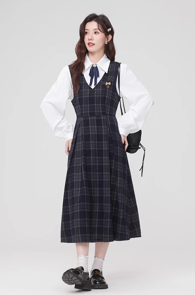 Oxford Plaid Midi Pinafore & Blouse Set (Navy)