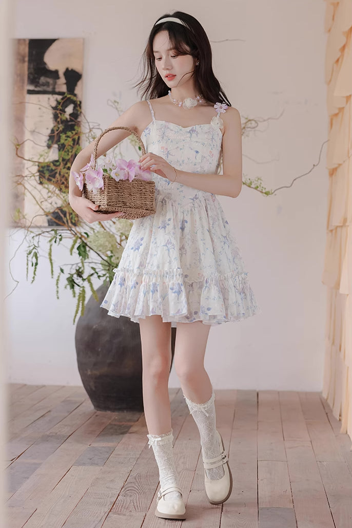 Sweet Floral Mini Dress (White/Purple)