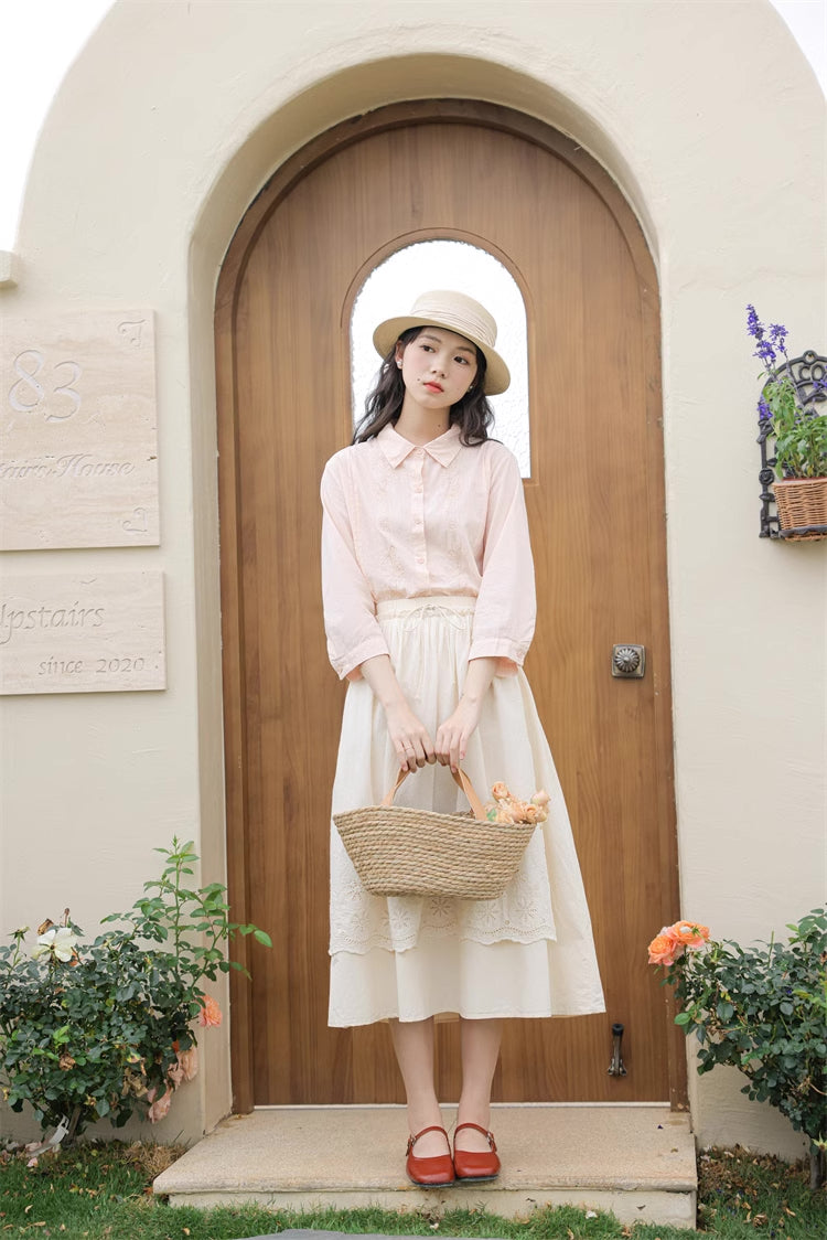 Broderie Apron Midi Skirt (Cream)