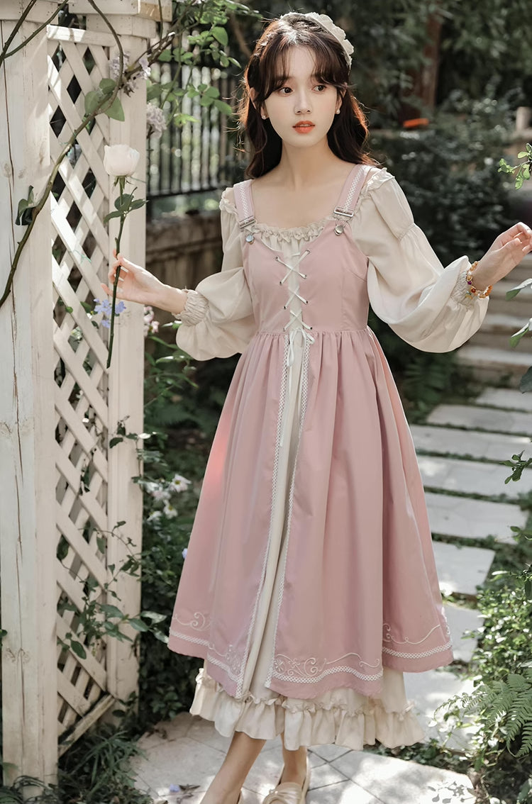 Two-Piece Corset Peasant Dress (Pink/Cream)