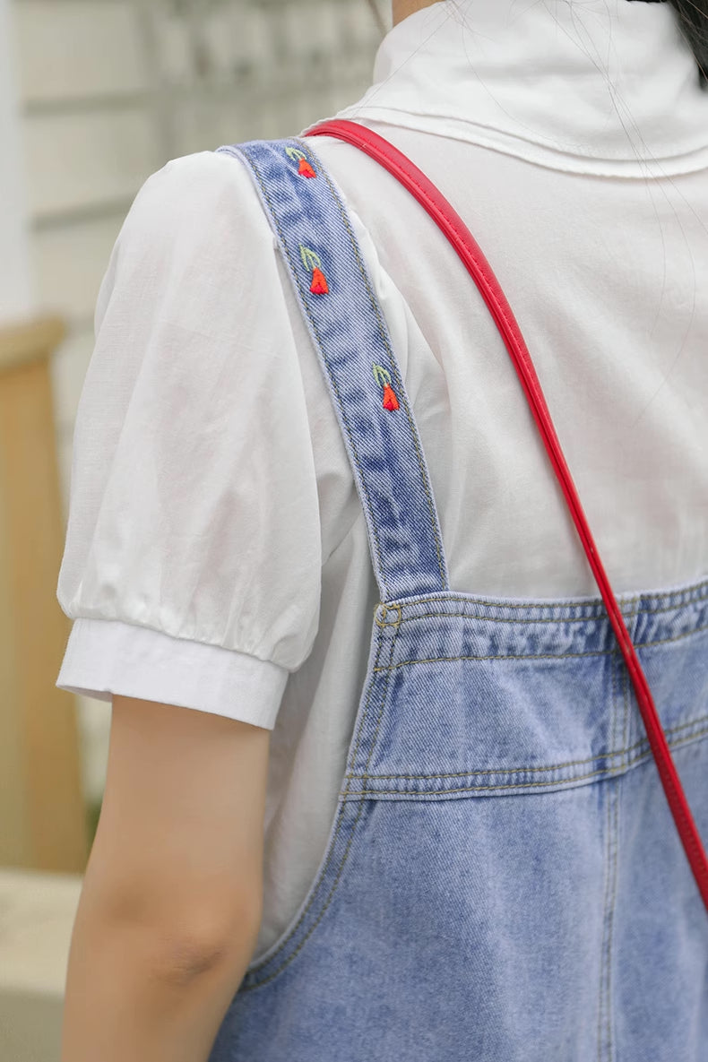 Rosy Days Embroidered Short Overalls (Light Denim)