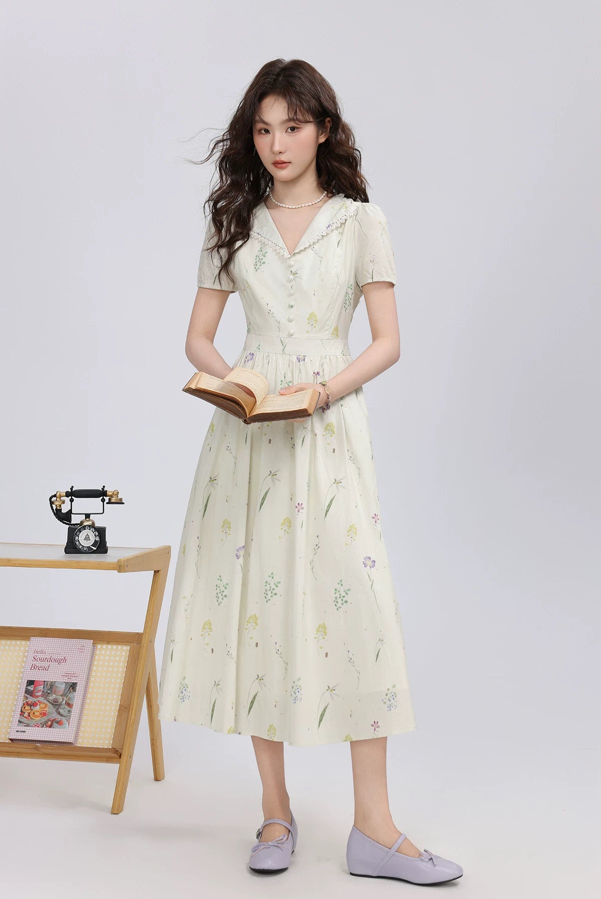Dried Flowers Midi Shirt Dress (Cream)