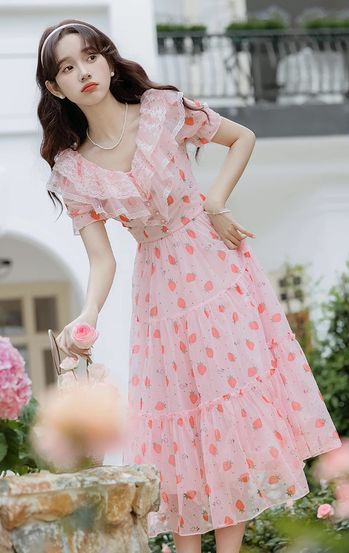 Strawberry Girl Midi Dress (Pink)