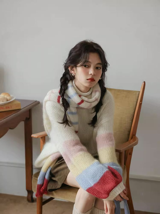 Rainbow Stripe Sleeves Sweater (White)