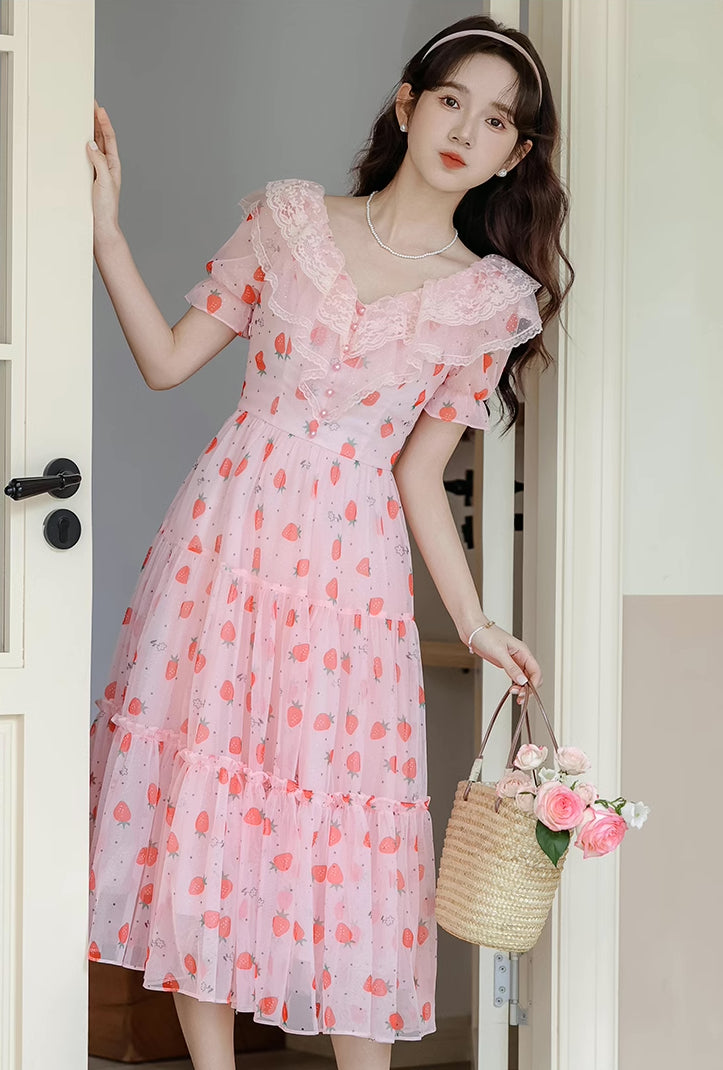 Strawberry Girl Midi Dress (Pink)