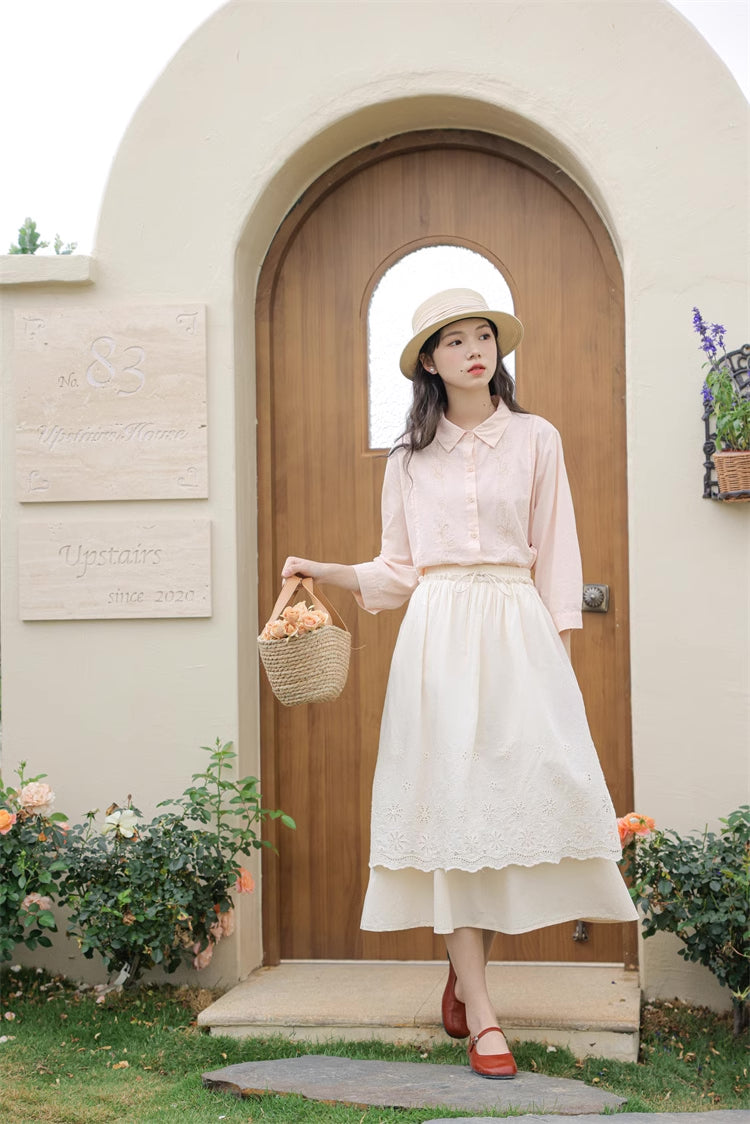 Broderie Apron Midi Skirt (Cream)