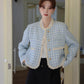 Gingham Lace Trim Tweed Jacket (Blue)