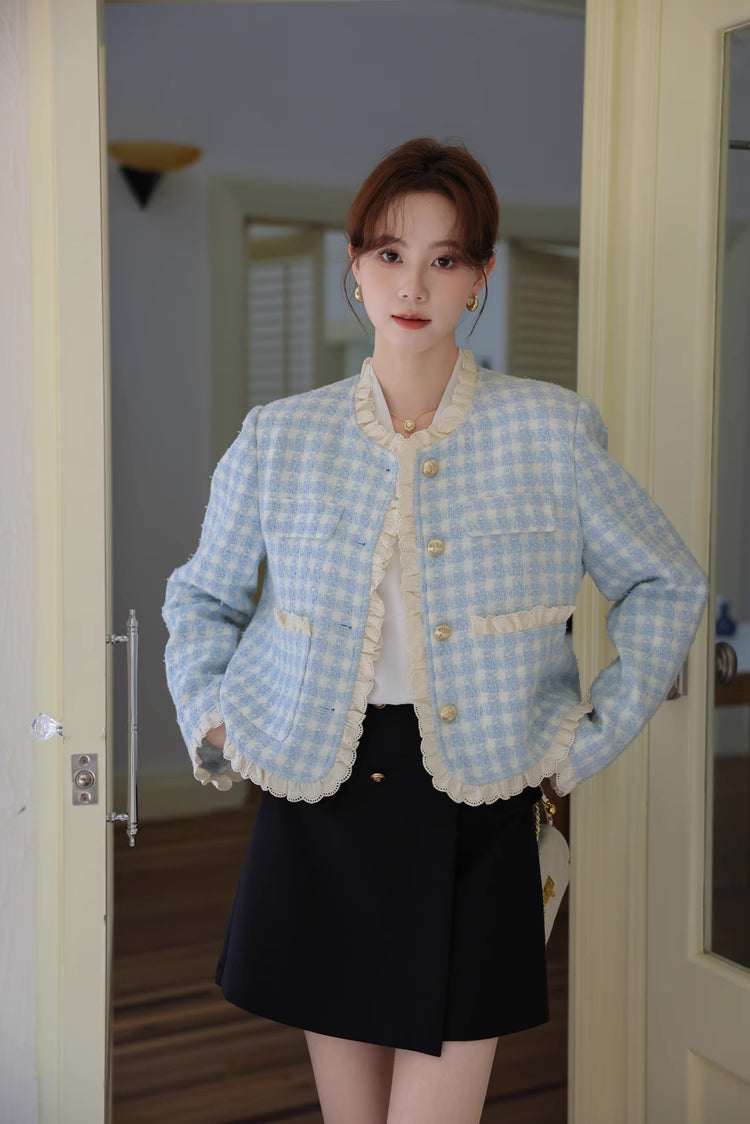 Gingham Lace Trim Tweed Jacket (Blue)