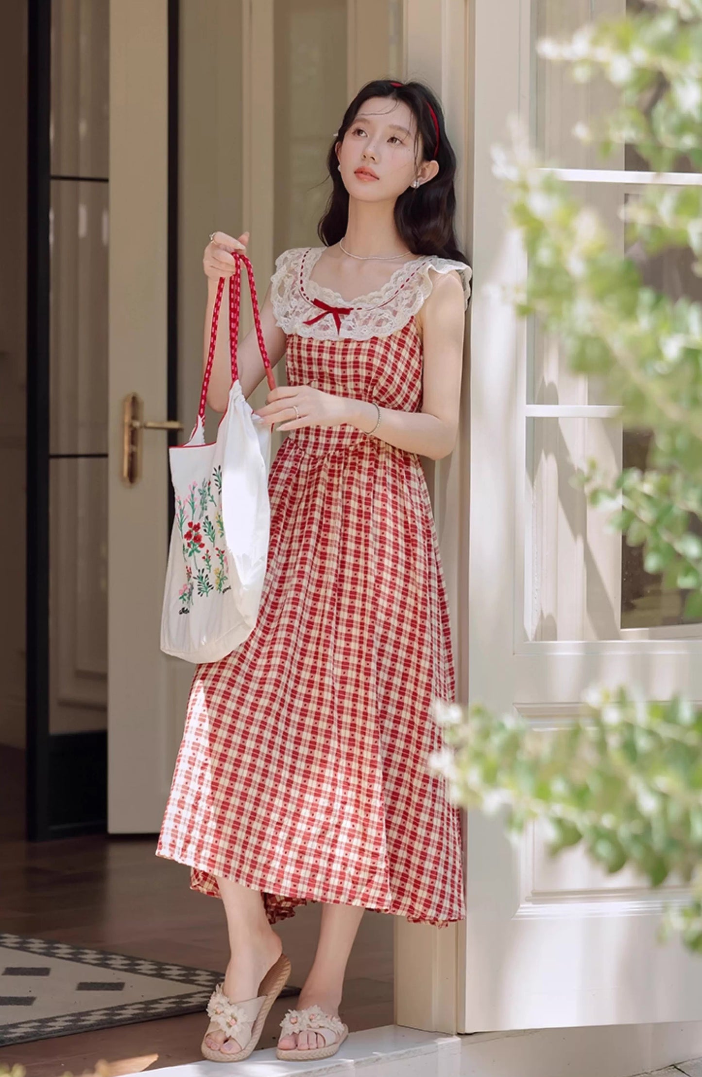 Picnic Plaid Sleeveless Midi Dress (Red)