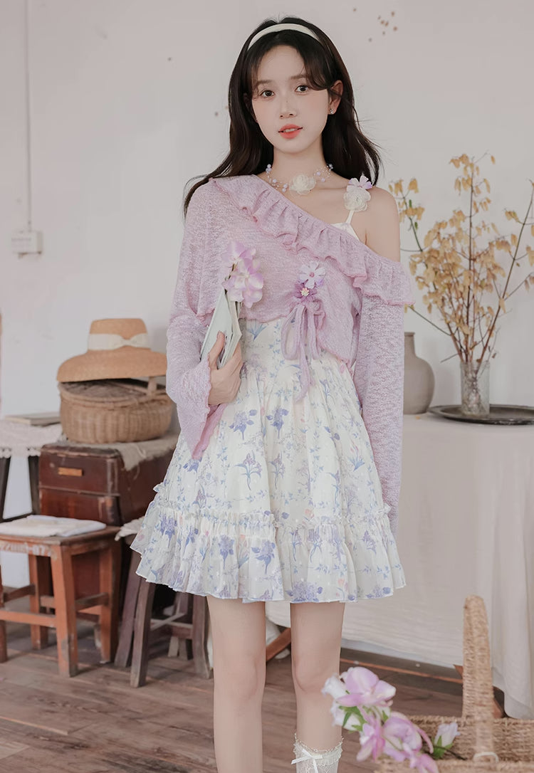 Sweet Floral Mini Dress (White/Purple)