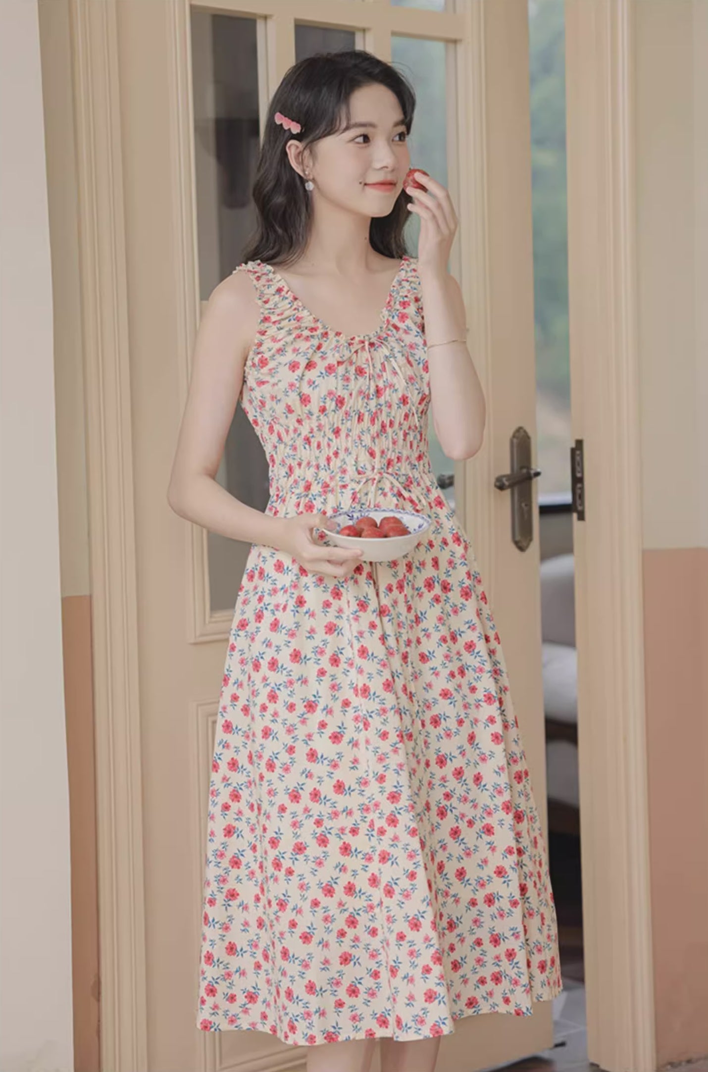 Camellia Smocked Midi Dress (Cream/Red)