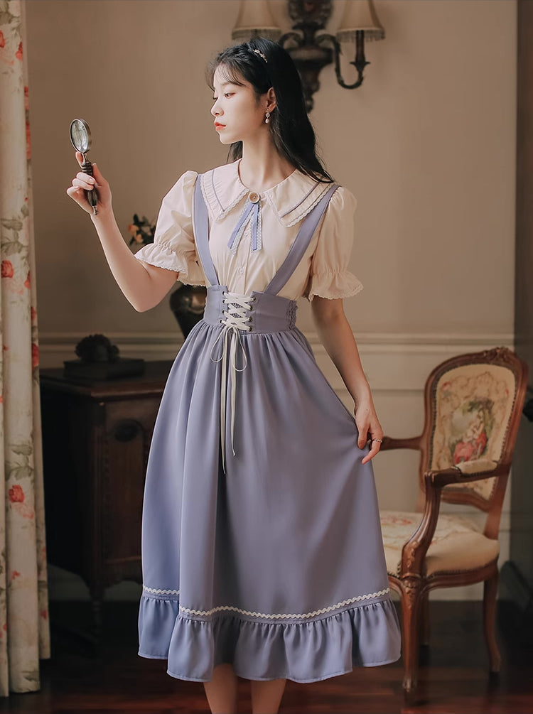 Short Sleeve Lace Up Suspender Skirt Set (3 Colors)