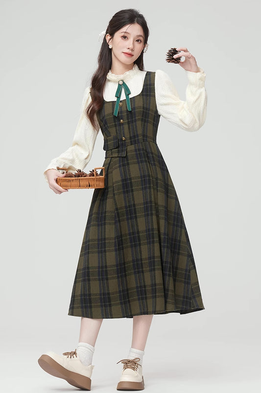 Cabin Plaid Twofer Midi Dress (Olive)