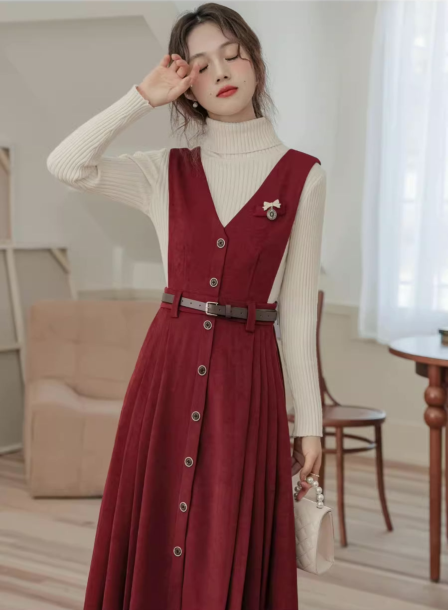 Corduroy Button Pleated Midi Pinafore (2 Colors)