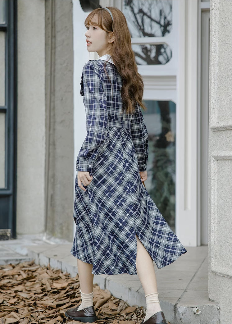 Uni Plaid Midi Dress (Navy)