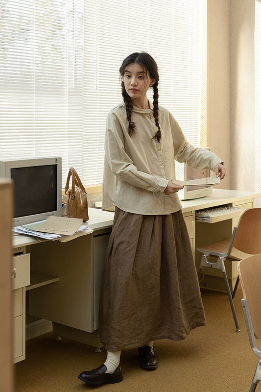 Asymmetrical Round Collar Blouse (Beige)