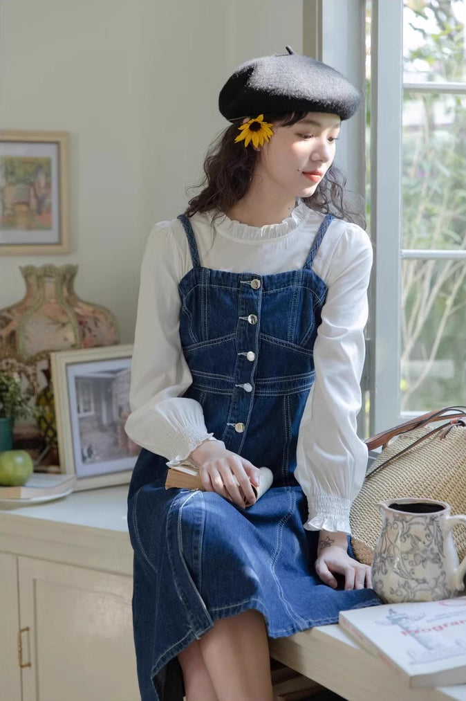 Denim fashion overall midi dress