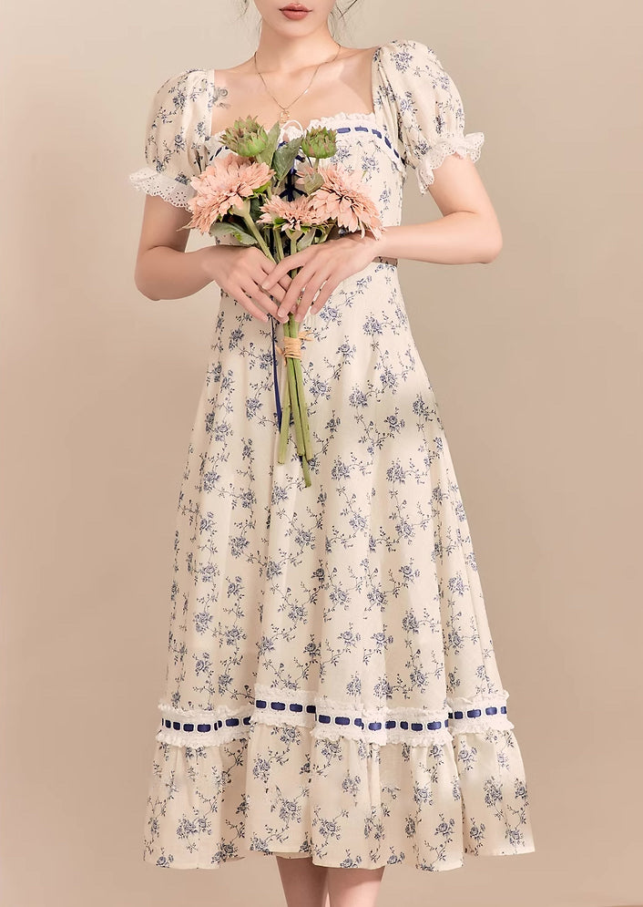 Porcelain Rose Lace Up Midi Dress (White/Blue)