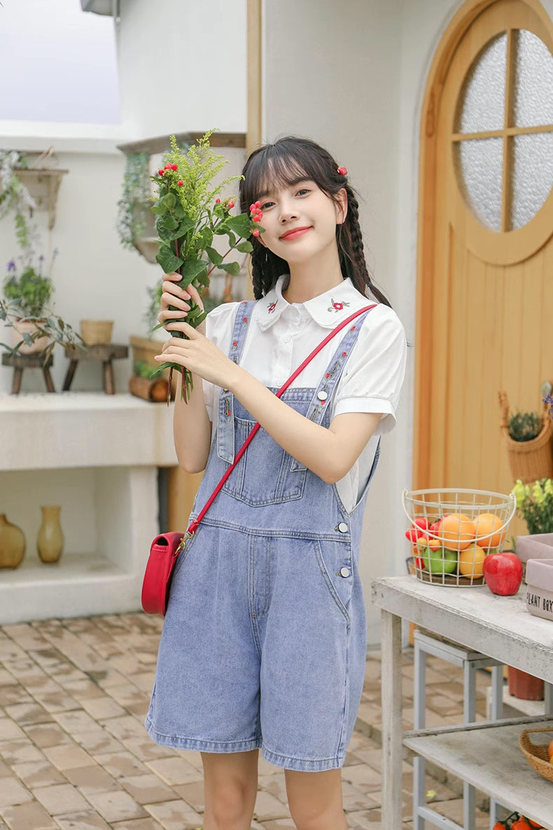 Rosy Days Embroidered Short Overalls (Light Denim)